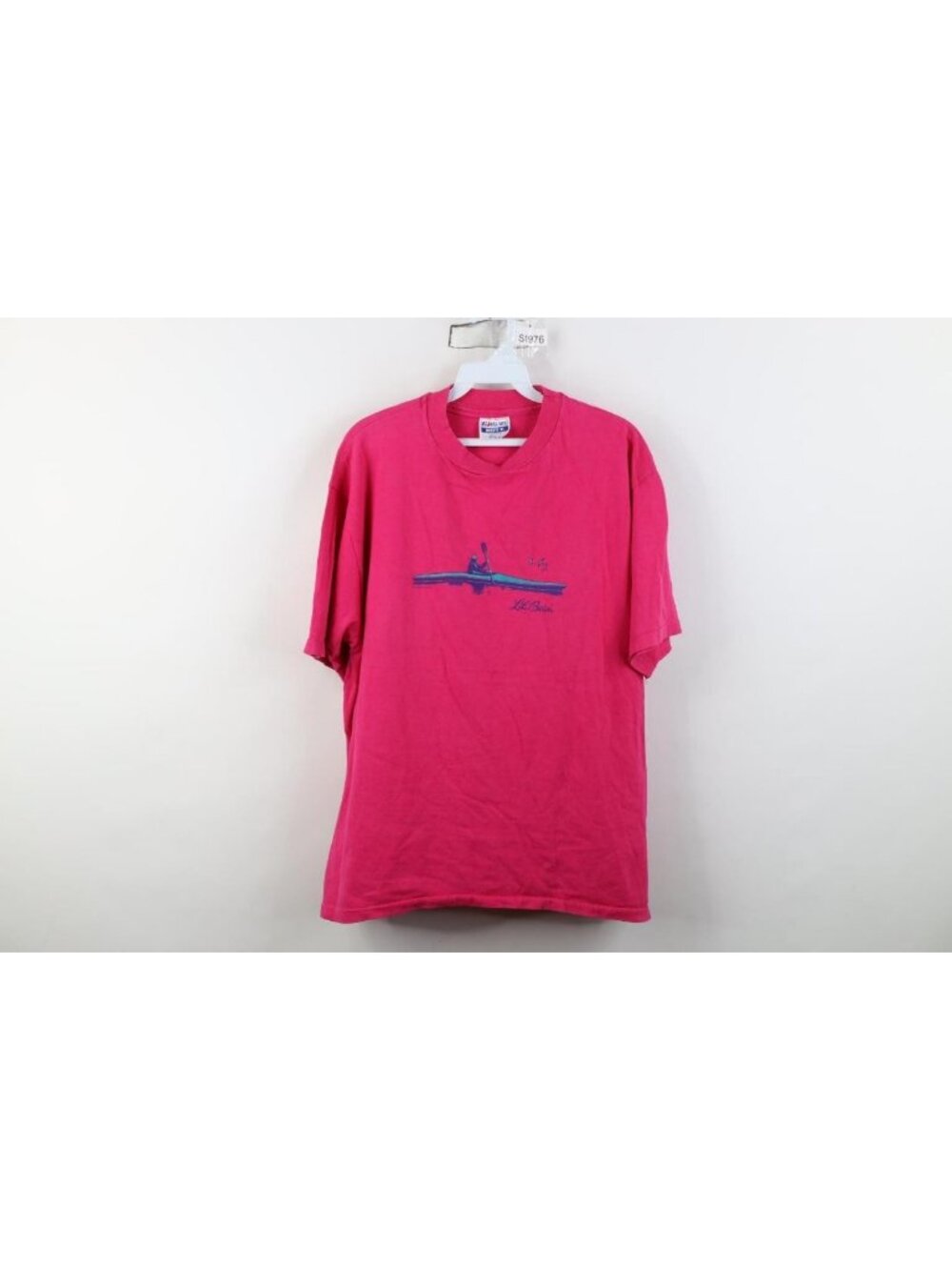 Vintage 80s LL Bean Harborside Womens XL Spell Out Script Kayak T-Shirt Pink USA